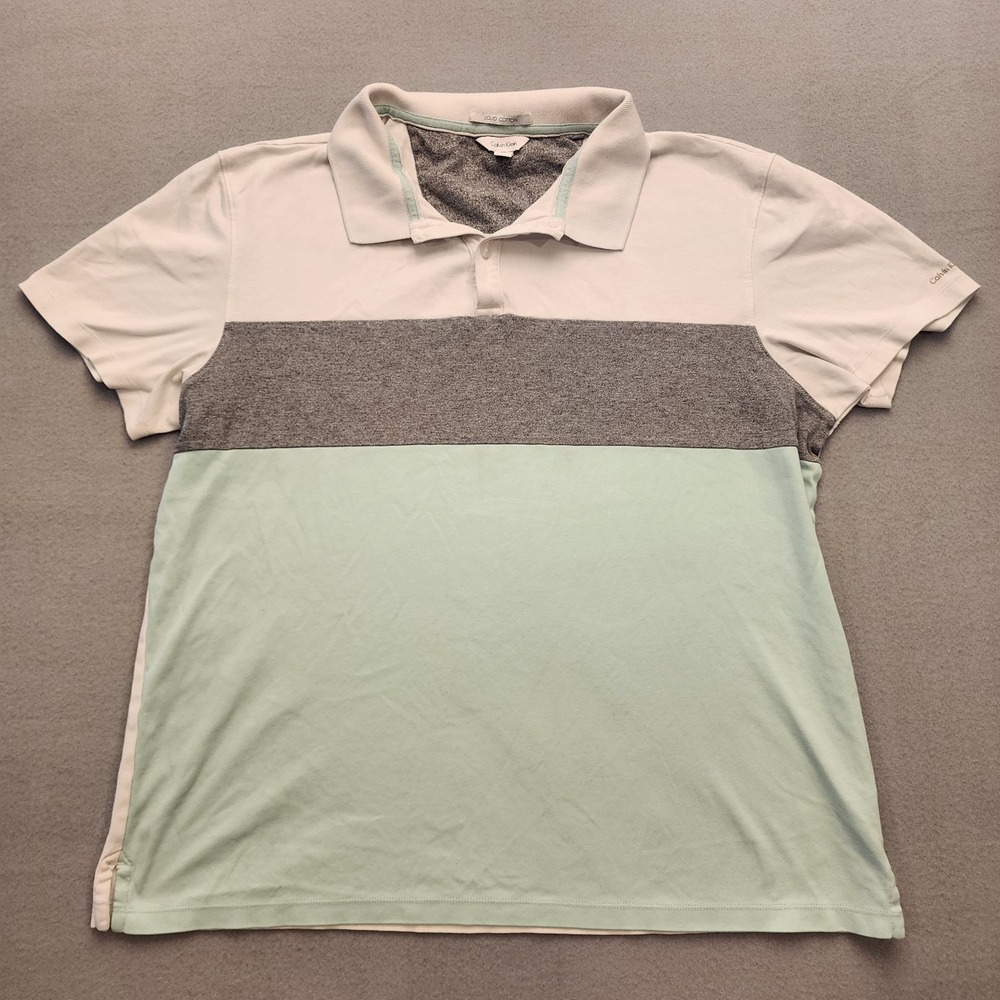 Calvin Klein Liquid Cotton Polo Shirt Men's Large Green Gray Colorblock Short...